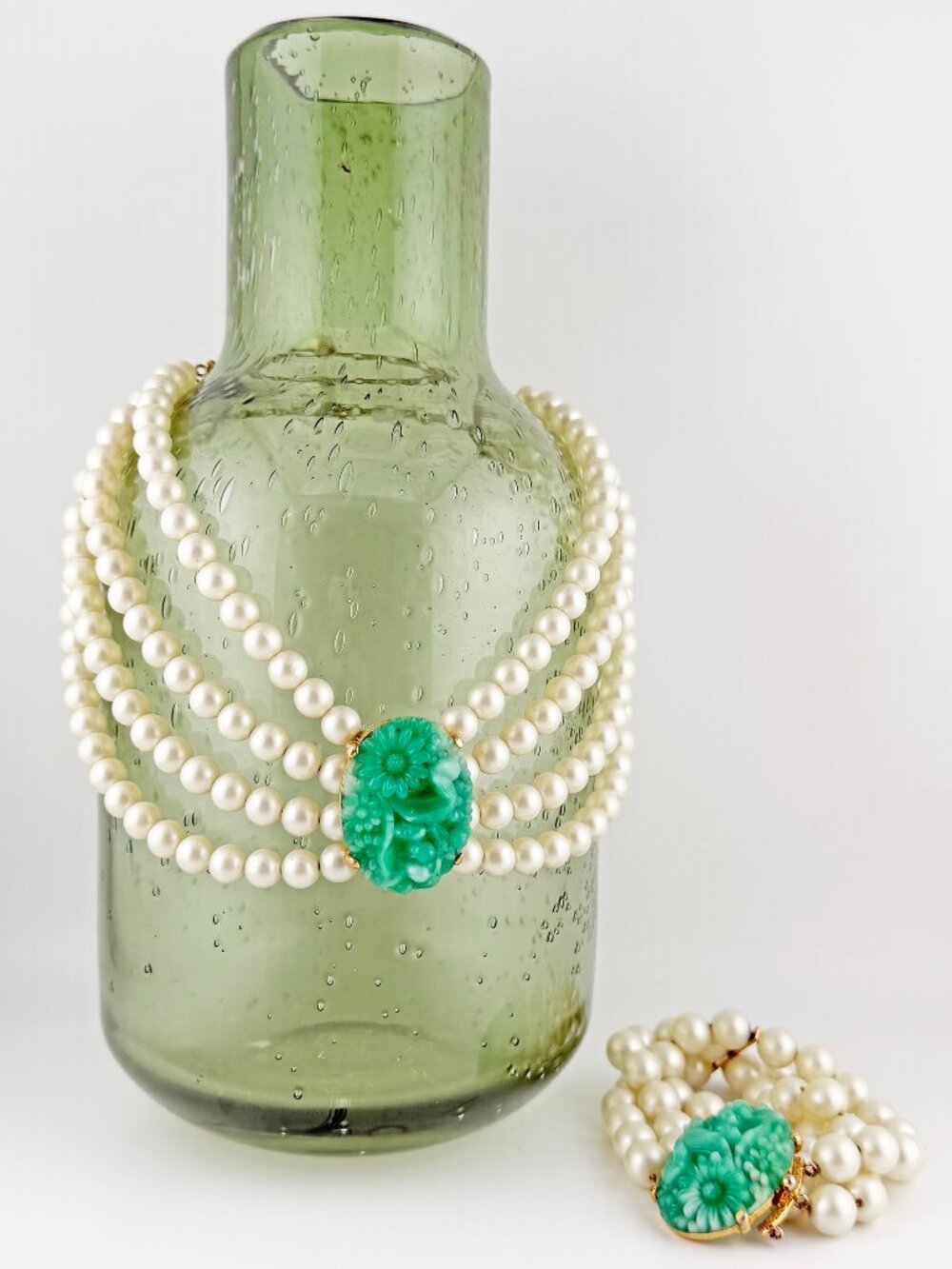 Vintage 4-Strand Faux Pearl Choker & Bracelet Set Jade Green Floral Focal